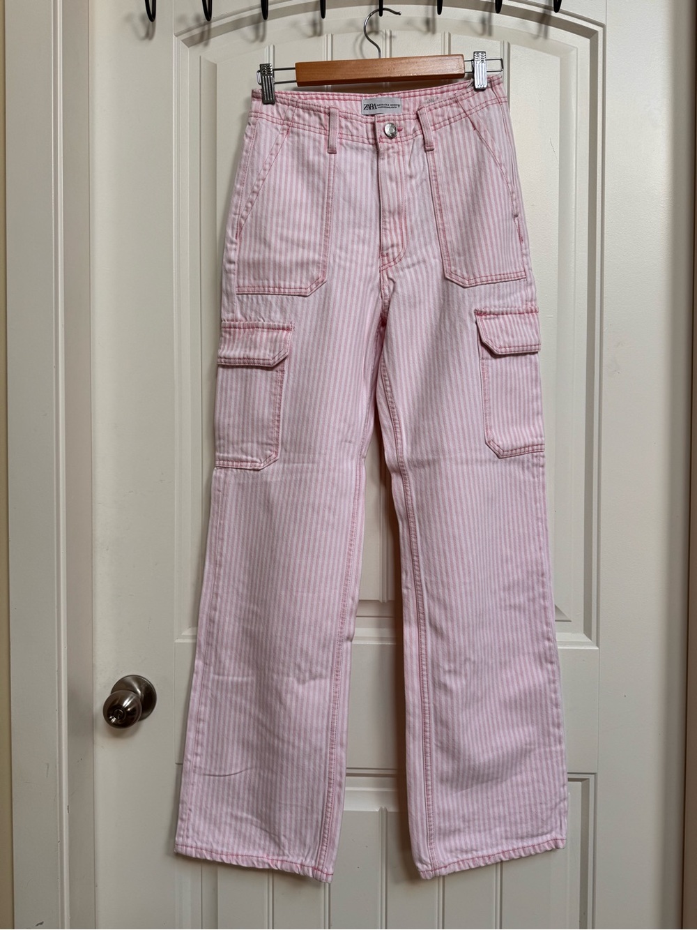 Zara Pink & White Striped 100% Cotton Relaxed Fit Cargo Pants. Size 0
